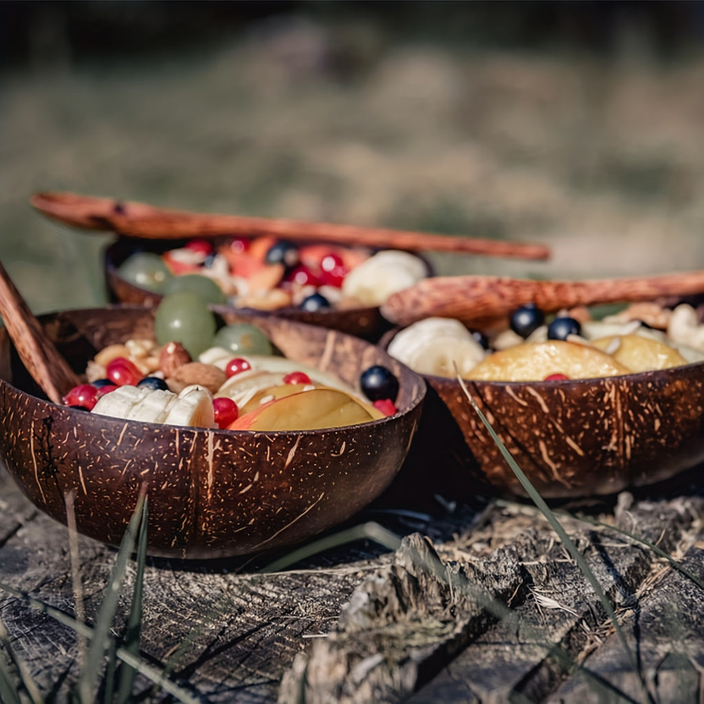 1 set of 4, two coconut bowls and two wooden spoons, coconut bowl and wooden spoon set, healthy vegetarian salad bowl set, ice cream bowl, natural coconut bowl