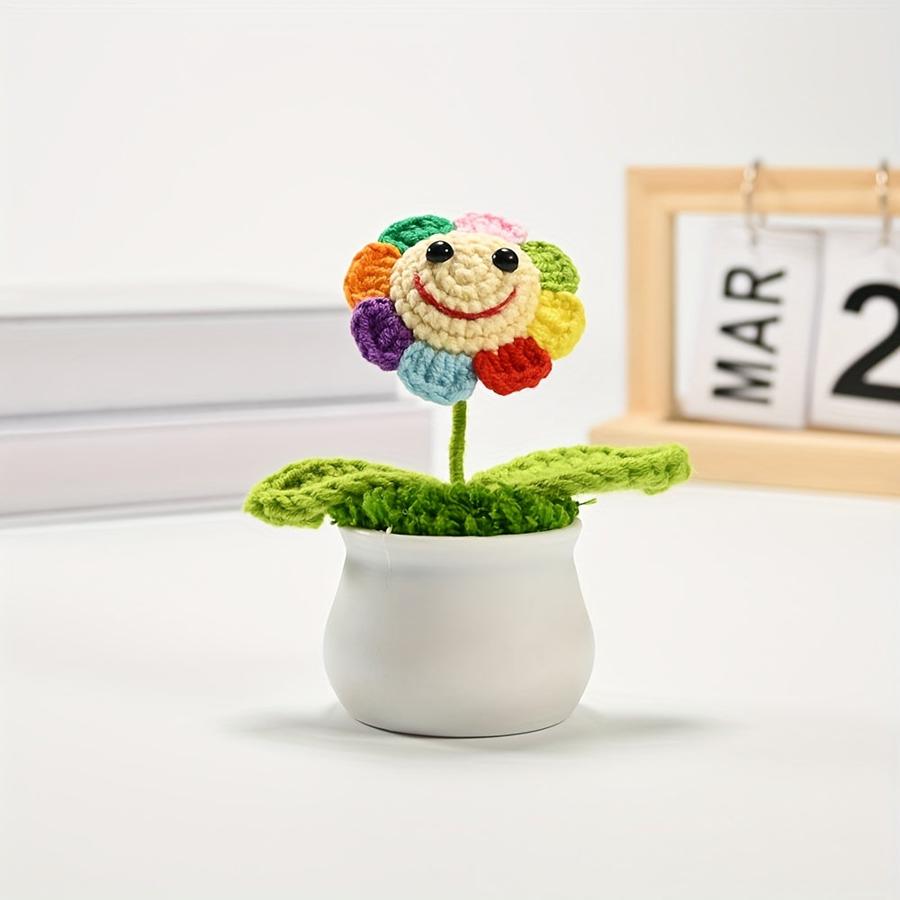 1pc Handmade Crocheted Smiling Sunflower Bonsai Artificial Plant - Vibrant Yellow & Orange Fleeceen Yarn, Realistic Desktop Decor with Pot for Office, Living Room, Bedroom - Thoughtful Gift for Wife, Mother, Girlfriend (Birthday, Christmas, Valentine’s Da