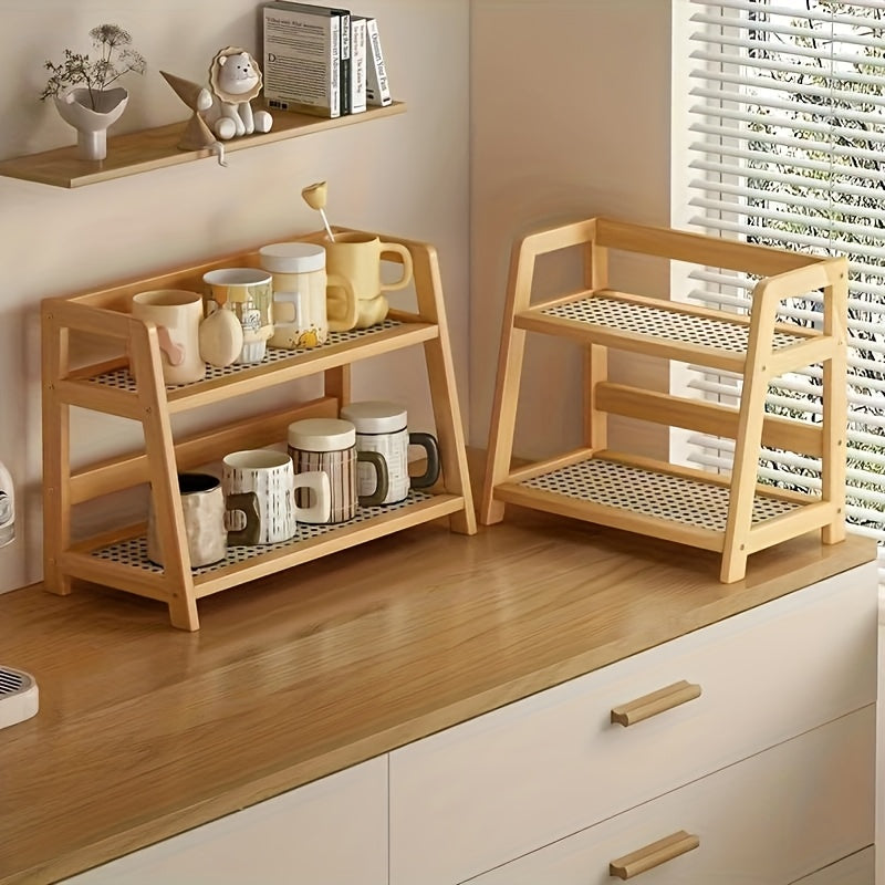 Double layer wooden cup storage rack, 26cm/10 inch artificial rattan mug organizer, suitable for kitchen and living room, compact desktop rack, can hold mugs, cups and small items, durable wooden material, space saving design, vertical rack, Standing Shel