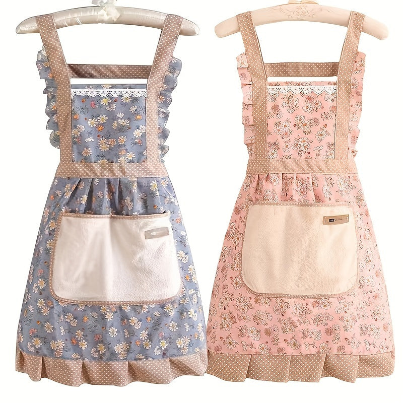 [Floral Princess Apron] 1pc Floral Lace Princess Apron - Hand Wipe Pocket - Suitable for Kitchen, Living Room, Bathroom Cleaning