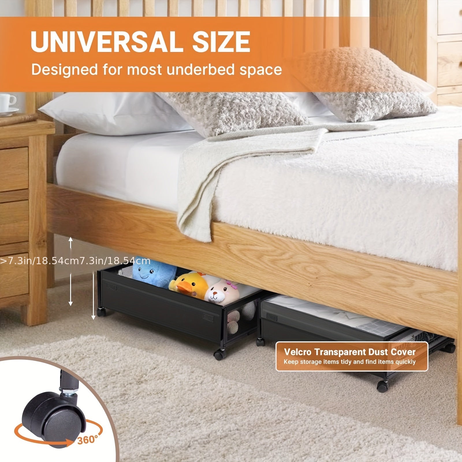 [2 Wheels Under Bed Storage] Under Bed Storage With Wheels, 2-Pack Under Bed Storage Containers With Clear Lids, Under The Bed Storage Organizer Bins, Rolling Under Bed Metal Drawer For Clothes, Shoes, Toys, Under-Bed Storage
