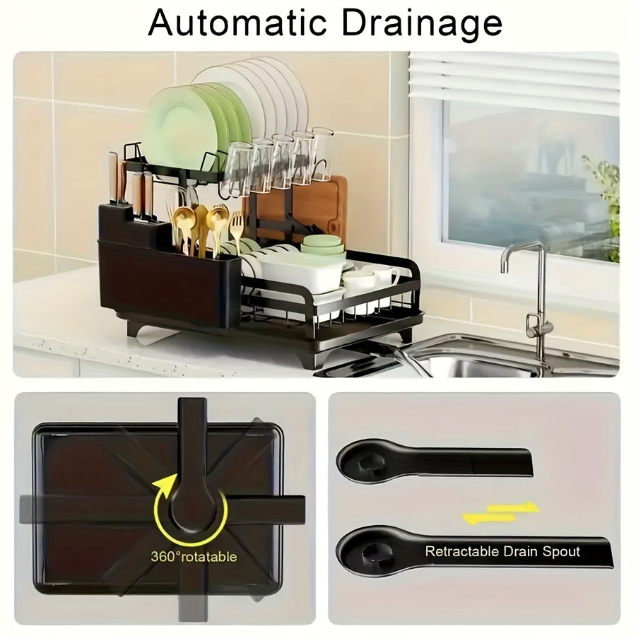 1pc Dish Drying Rack Drainboard, Large 2 Tier Metal Dish Racks with Drainage, Glass Holder, Utensil Holder and Extra Drying Mat, Dish Drainers for Kitchen Counter, Black, White& Grey