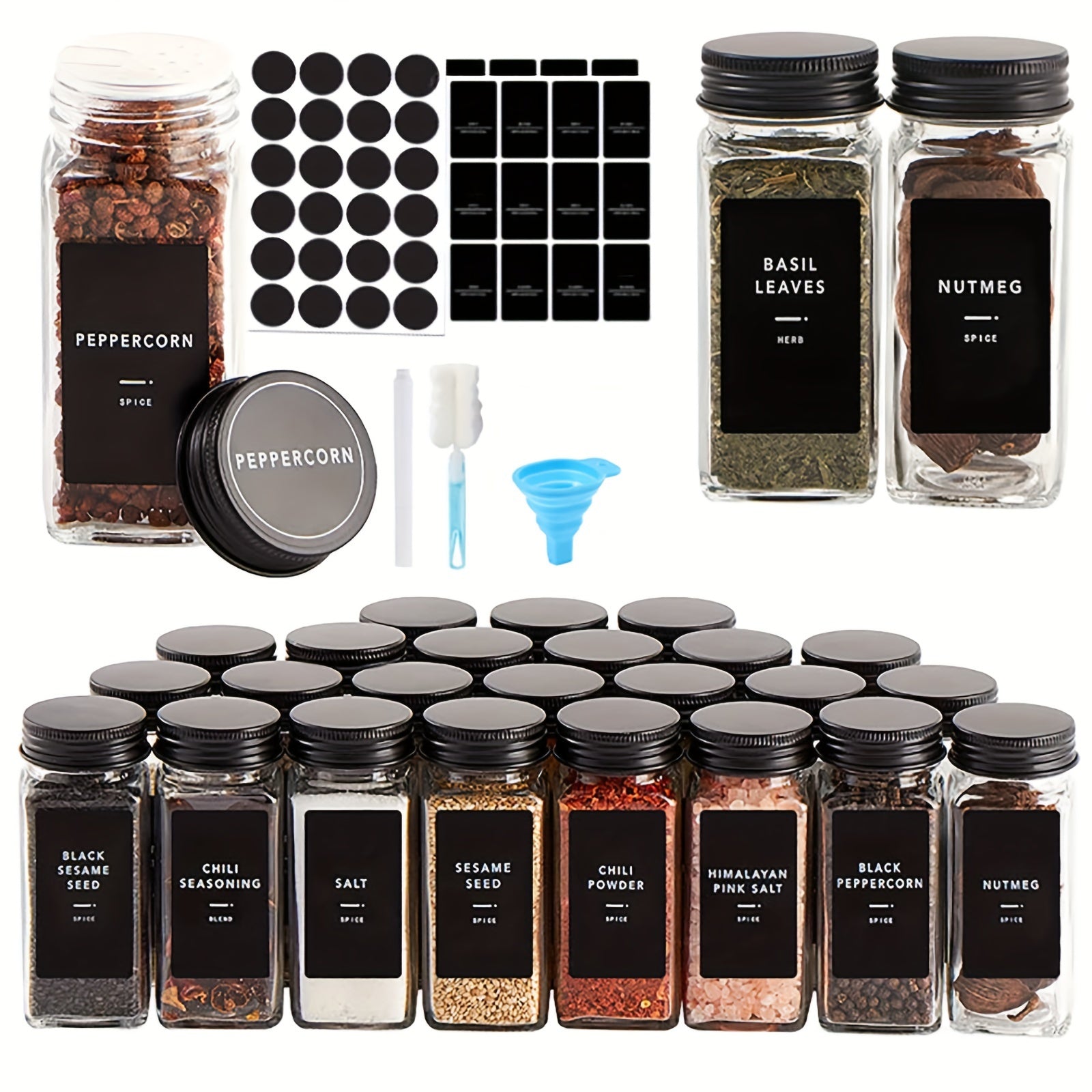 24pcs 4oz Glass Spice Jars With Metal Lids, Labels, Adjustable Measuring Spoon, Cleaning Brush & Collapsible Silicone Funnel, For Kitchen And Seasoning