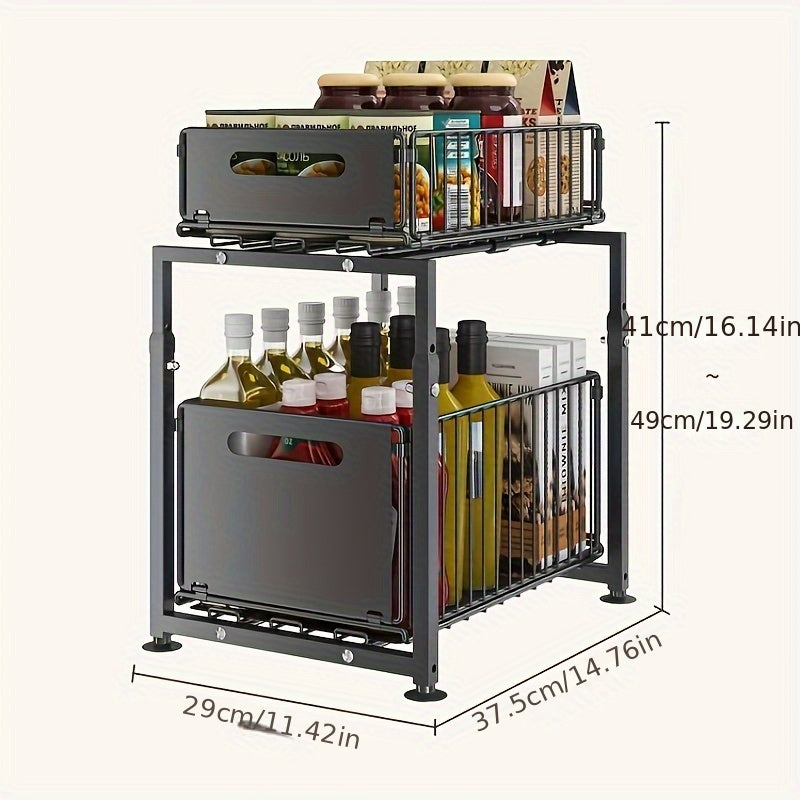 2-Tier Under Sink Storage Cabinet with Pull-Out Metal Drawers - Adjustable Height, Iron Construction, Ample Storage Space for Kitchen & Bathroom Essentials - Black Finish, Easy Assembly, Space-Saving Design