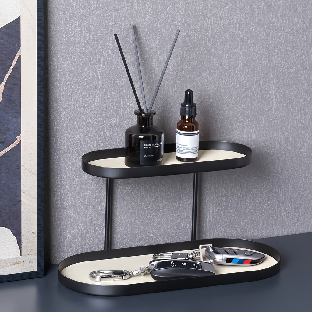 Versatile Double-Layer Oval Metal Storage Rack with Faux Leather Pad