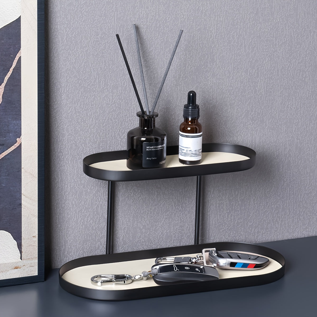 Versatile Double-Layer Oval Metal Storage Rack with Faux Leather Pad