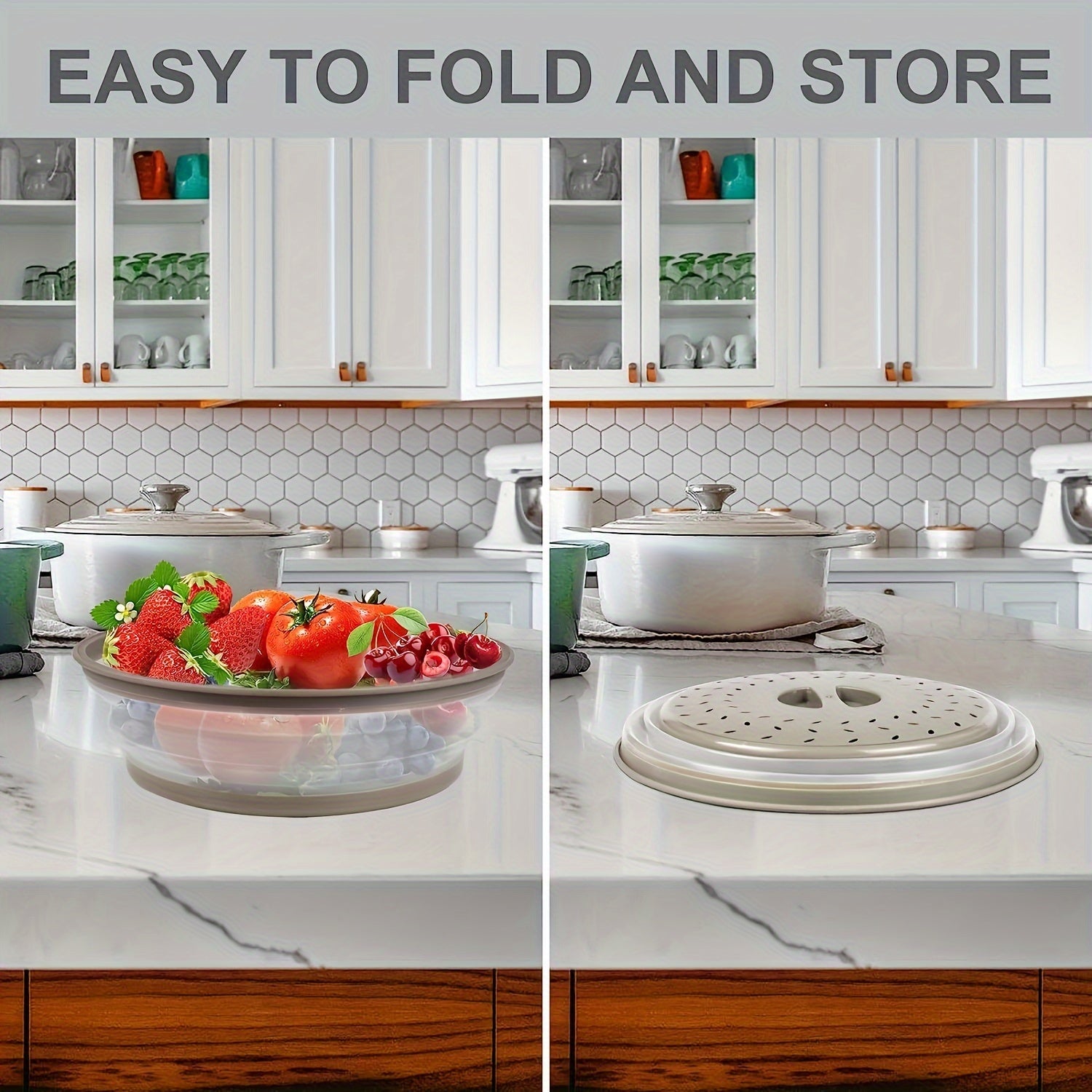 Microwave Plate Cover Collapsible Food Plate Lid Cover - BPA Free, Easy Grip, Microwave Plate Guard Lid with Steam Vent & Colander Strainer for Fruit