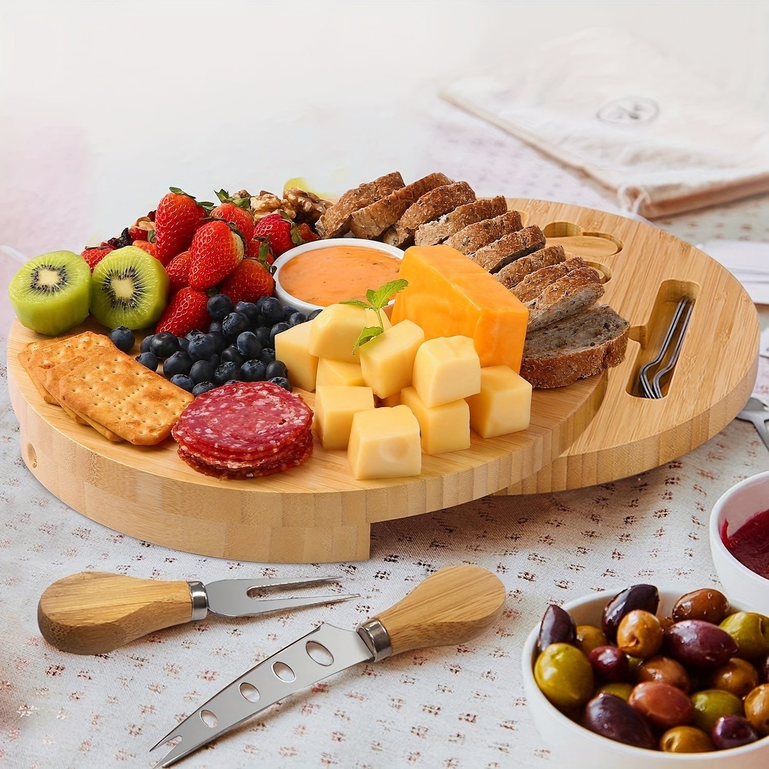 1set Bamboo Cheese Board With Knife And Fork