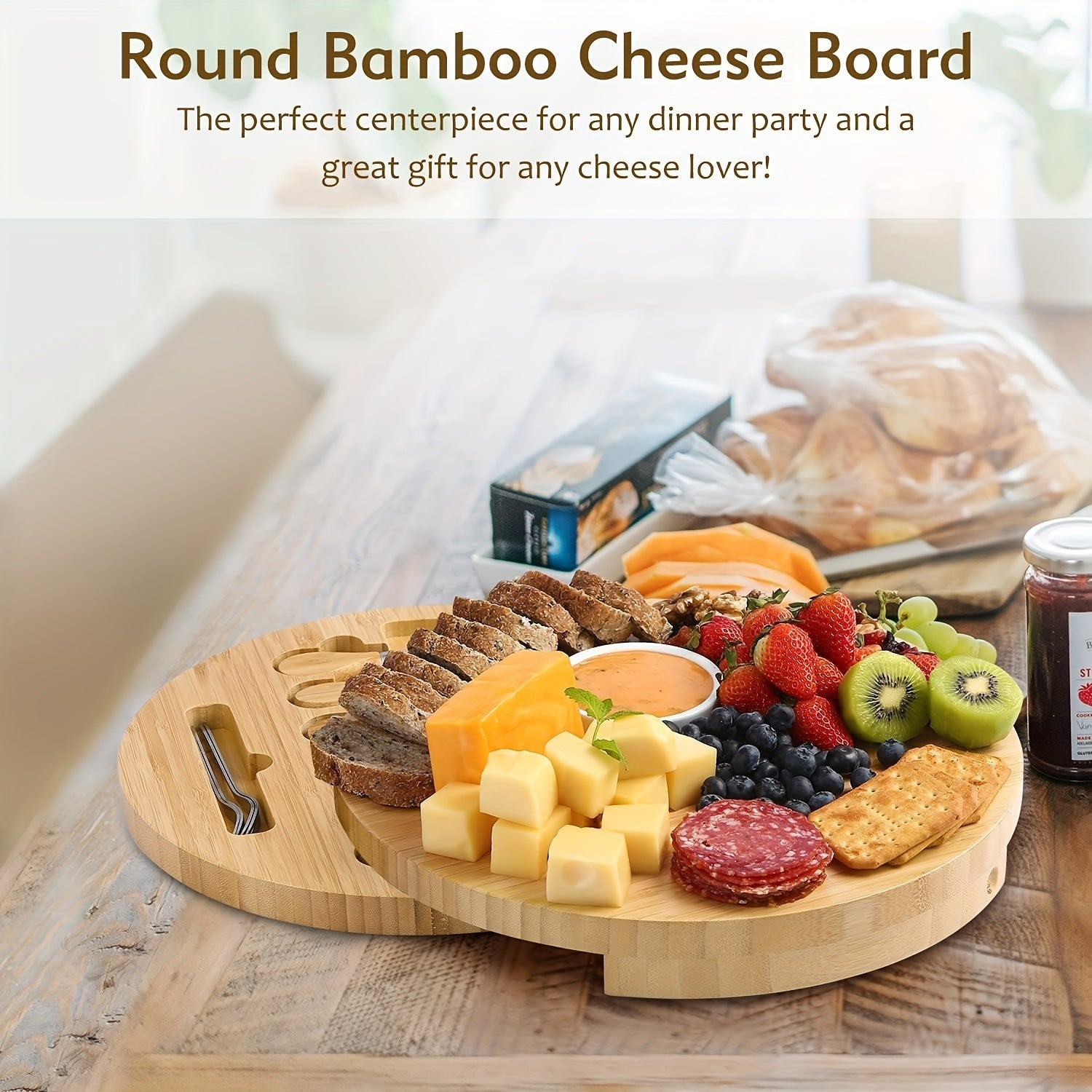 1set Bamboo Cheese Board With Knife And Fork