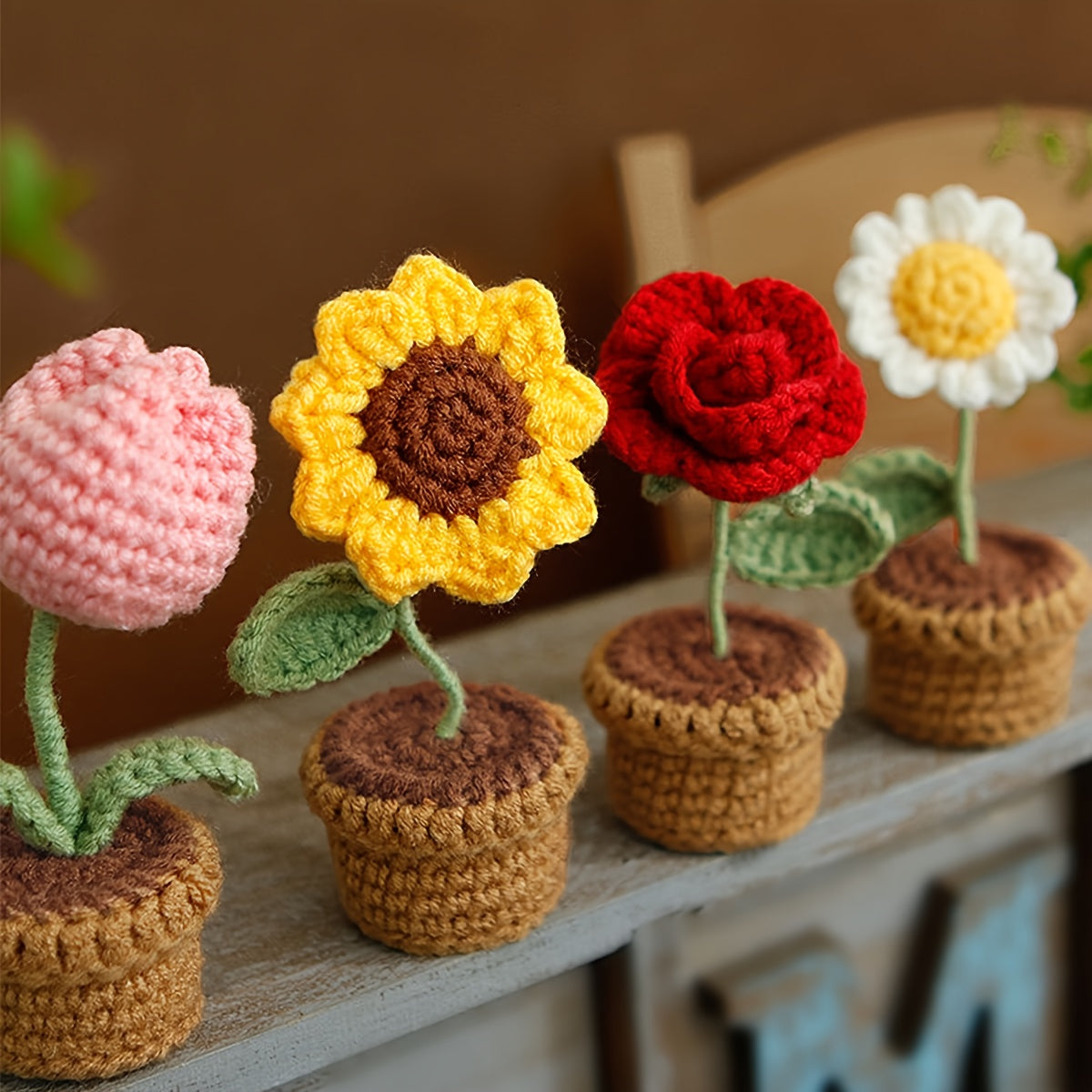 [Handmade Crochet Flowers] Vibrant Handmade Crochet Sunflower & Rose Artificial Potted Plants - Brown Pot, Perfect for Mother’s Day, Anniversaries, Birthdays, Valentine’s Gifts, Home & Office Desk Decoration