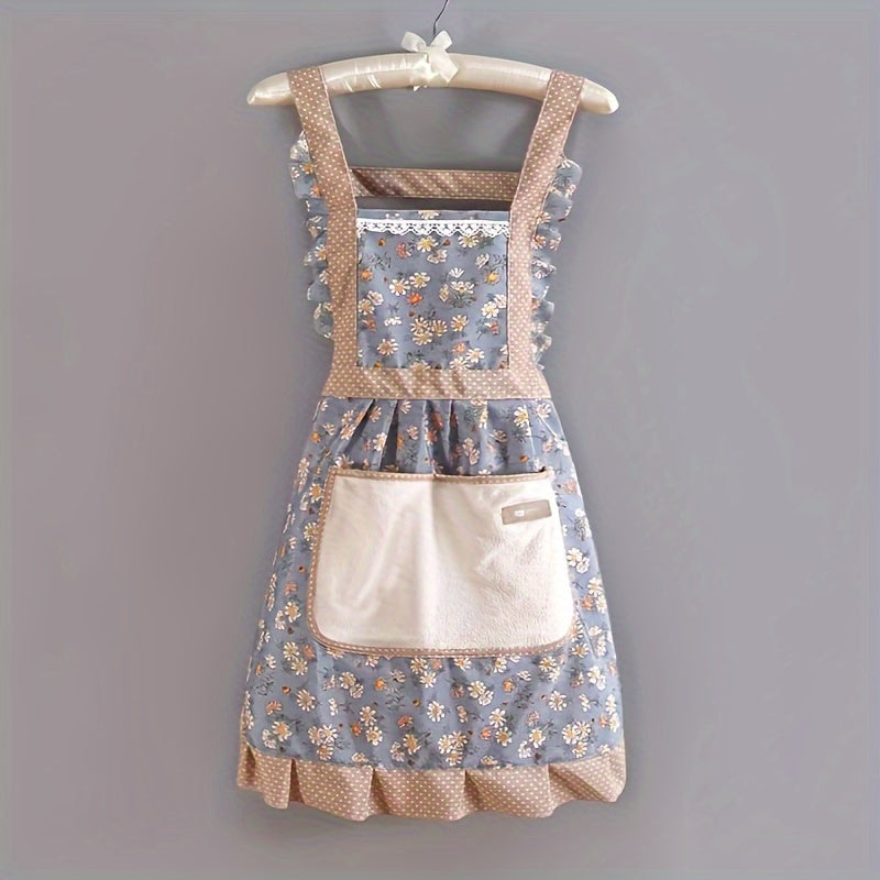 [Floral Princess Apron] 1pc Floral Lace Princess Apron - Hand Wipe Pocket - Suitable for Kitchen, Living Room, Bathroom Cleaning