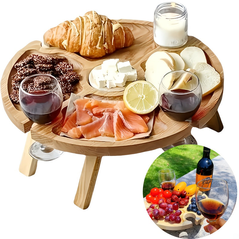 1pc Handmade Wooden Folding Picnic Table with Wine Rack