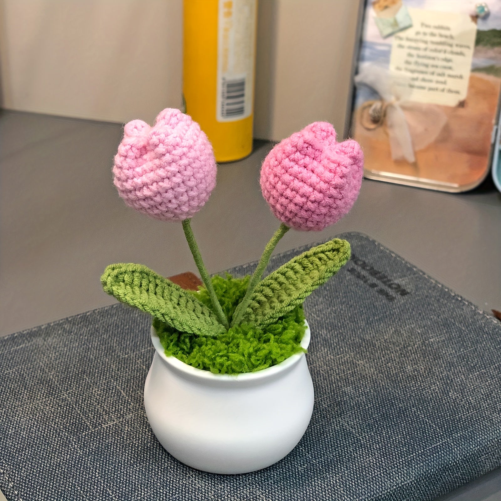 1pc Hand-Knitted Miniature Potted Flower Decor - Vibrant Multicolor Fabric Artificial Floral Arrangement, No Fade No Pill, Cute Table Centerpiece for Home Office Desk, Graduation Party, Festive Gift (No Vase Included)
