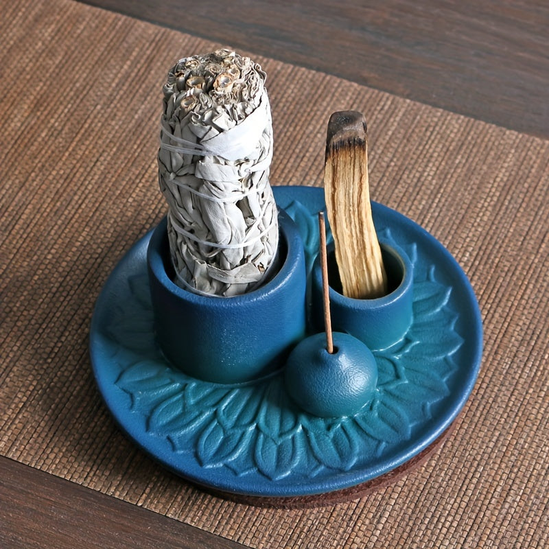 1pc 4-in-1 Ceramic Incense Burner Holder – Palo Santo & Sage Smudge Stand with Stick & Candle Holder, Elegant Home Decor for Meditation, Yoga, and Aromatherapy Relaxation, Home Relaxation | Rustic Ceramic Holder | Terracotta Design, Incense Holder