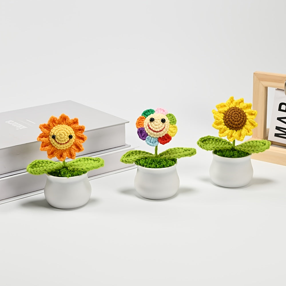 1pc Handmade Crocheted Smiling Sunflower Bonsai Artificial Plant - Vibrant Yellow & Orange Fleeceen Yarn, Realistic Desktop Decor with Pot for Office, Living Room, Bedroom - Thoughtful Gift for Wife, Mother, Girlfriend (Birthday, Christmas, Valentineโs Da