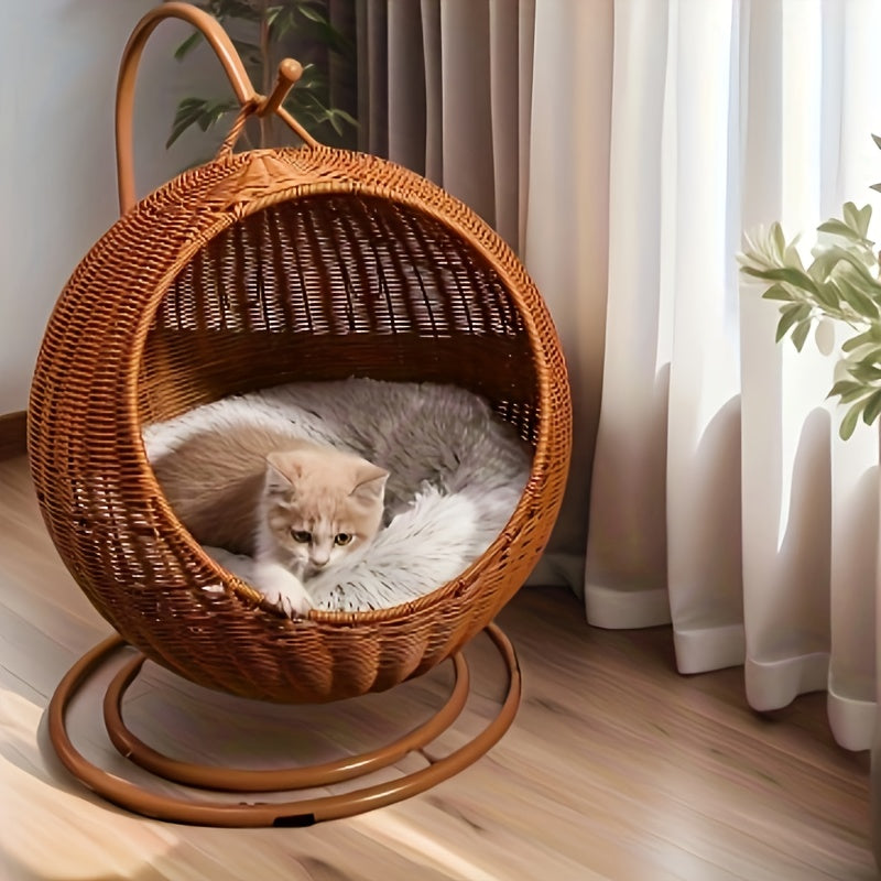 1pc Round Woven Rattan Cat Hammock Basket