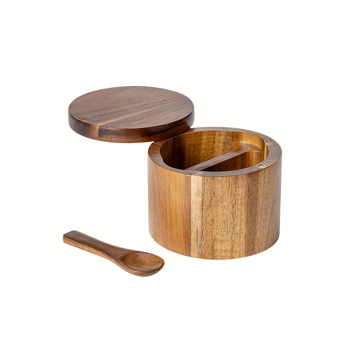 1PC Wooden Salt and Pepper Set with Spoon - Rustic Kitchen Storage for Spices and Condiments