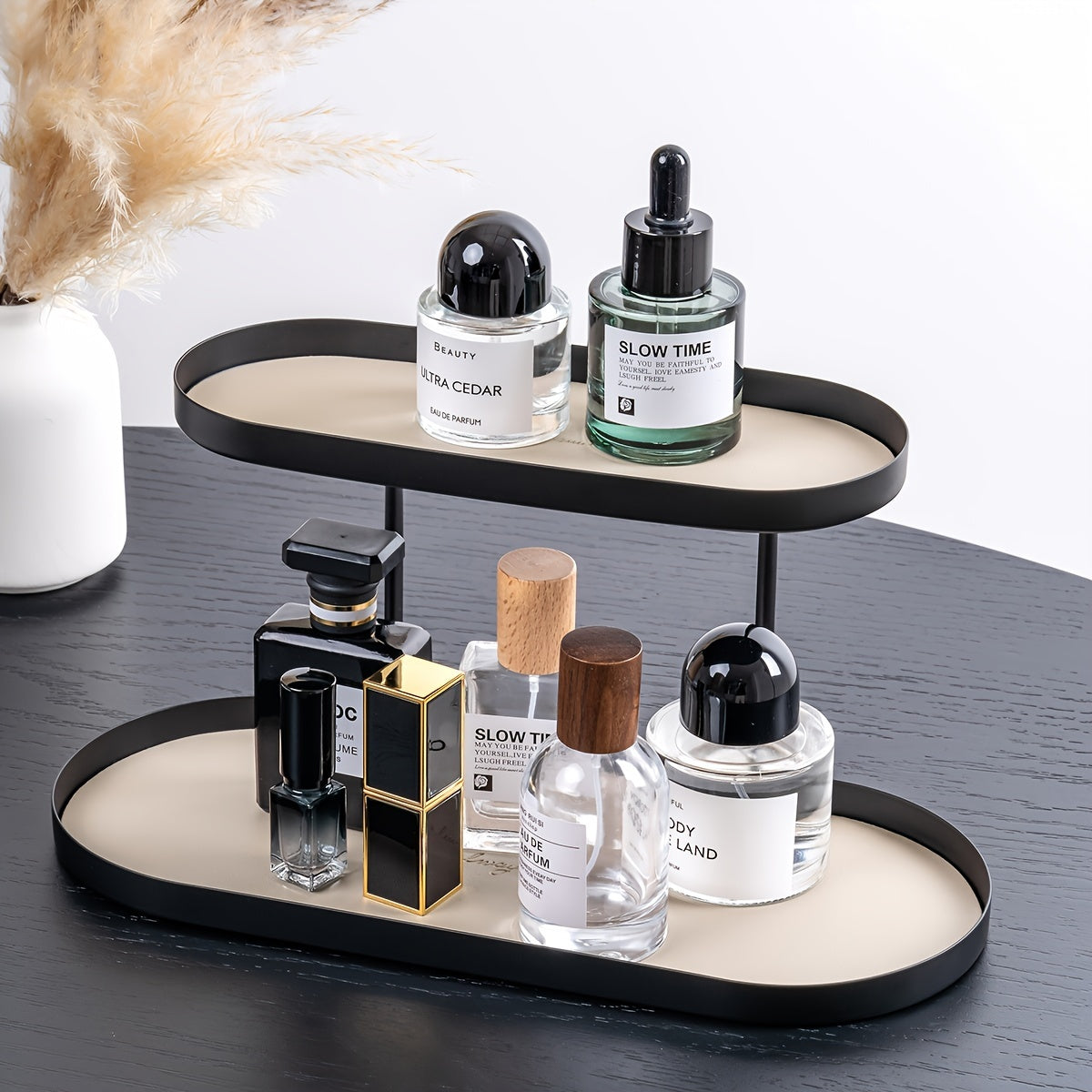 Versatile Double-Layer Oval Metal Storage Rack with Faux Leather Pad