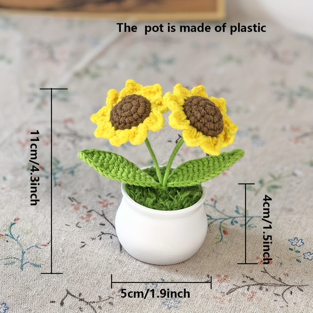 1pc Hand-Knitted Miniature Potted Flower Decor - Vibrant Multicolor Fabric Artificial Floral Arrangement, No Fade No Pill, Cute Table Centerpiece for Home Office Desk, Graduation Party, Festive Gift (No Vase Included)