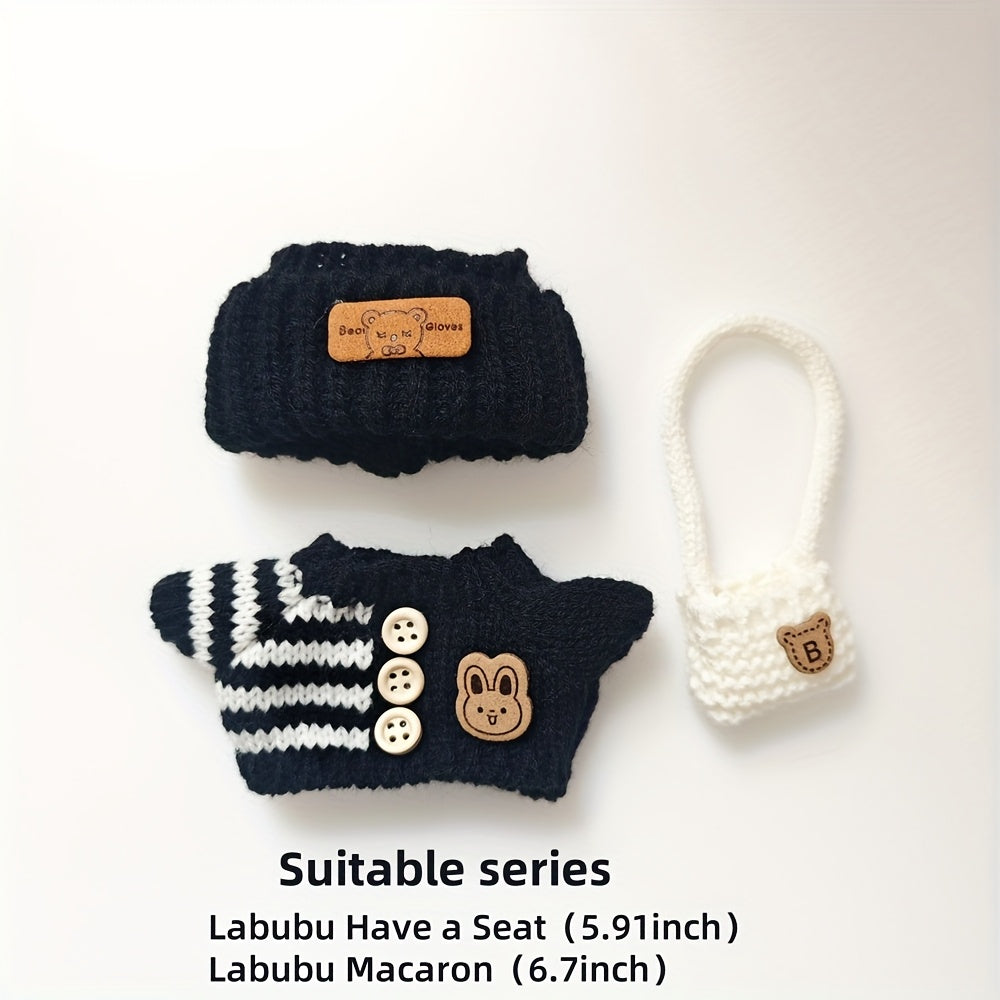 Labubu Fashion Clothing Set, Suitable for Dolls (No Dolls Included), Handmade 3-Piece Set, Cute Clothes, Bag, Hat, DIY Stylish And Fun Labubu Clothing Accessories, Perfect for Daughter'S Birthday, Anniversary, Or Holiday Gifts.