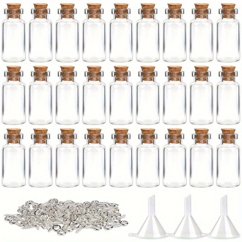 Classic 128pcs Mini Glass Bottles Set - 25pcs 2mL Spell Jars with Cork Stoppers, Round Glass Vials, 100pcs Eye Screws & 3pcs Funnels - Hand Wash Only, for Art Crafts, Wedding Party Favors, Home Decor