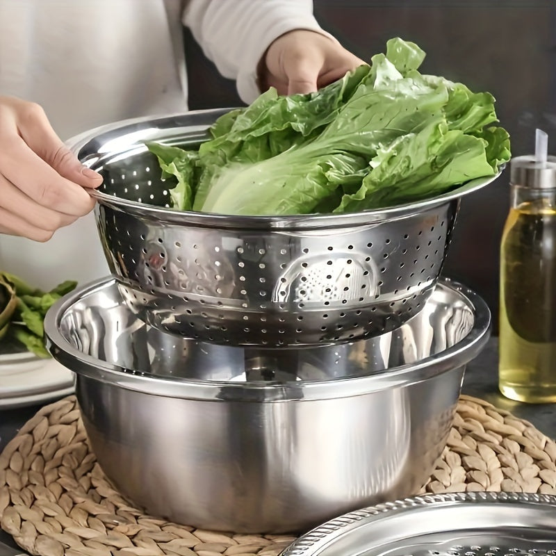 Stainless Steel 3pcs Kitchen Set - Integrated Grinder, Multi-Functional Strainer & Mixing Bowl for Cleaning & Slicing Fruits, Vegetables, Cheese - Food-Safe with Drainage System, Perfect for Home Cooking