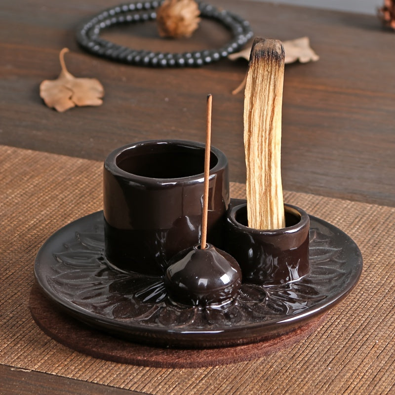 1pc 4-in-1 Ceramic Incense Burner Holder – Palo Santo & Sage Smudge Stand with Stick & Candle Holder, Elegant Home Decor for Meditation, Yoga, and Aromatherapy Relaxation, Home Relaxation | Rustic Ceramic Holder | Terracotta Design, Incense Holder