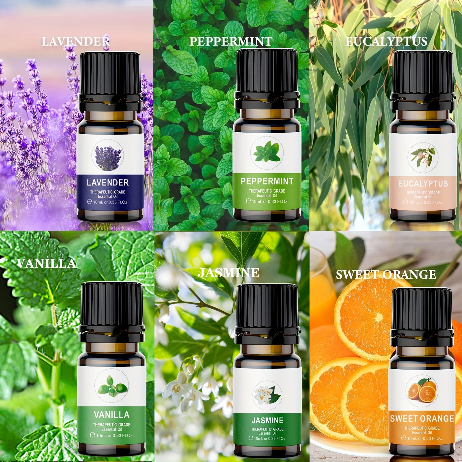 A Set of 6 Essential Oils, Suitable for Air Freshening, Including Lavender, Jasmine, Mint, Eucalyptus, Sweet Orange, And Vanilla.
