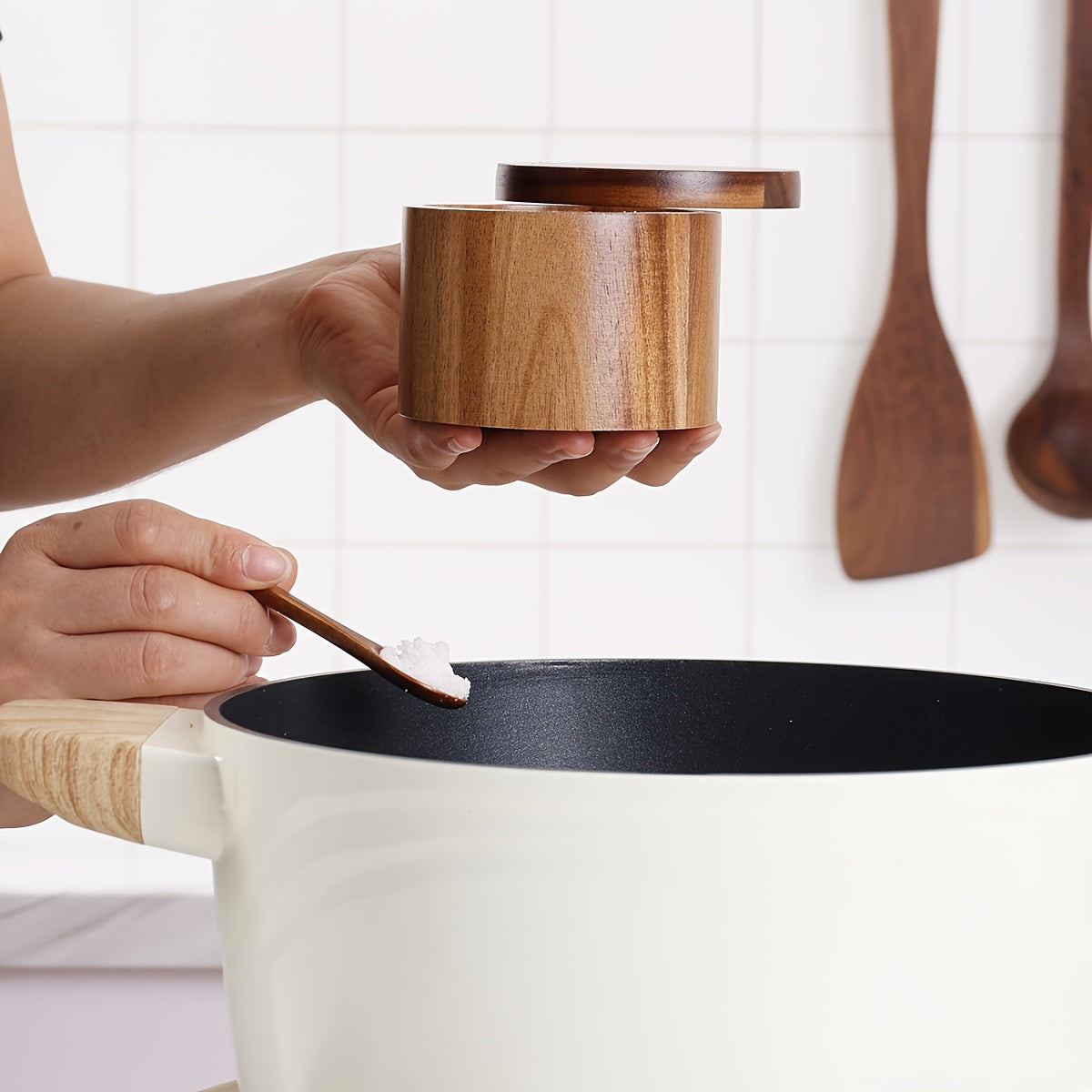 1PC Wooden Salt and Pepper Set with Spoon - Rustic Kitchen Storage for Spices and Condiments