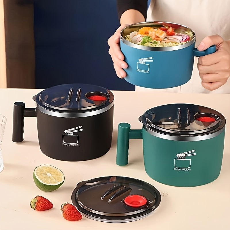 Stainless Steel Instant Noodle Bowl - 1pc, Lunch Box with Lid, Portable Drain Bowl, Ramen Bowl, Kitchen Tableware, Office Lunch Container