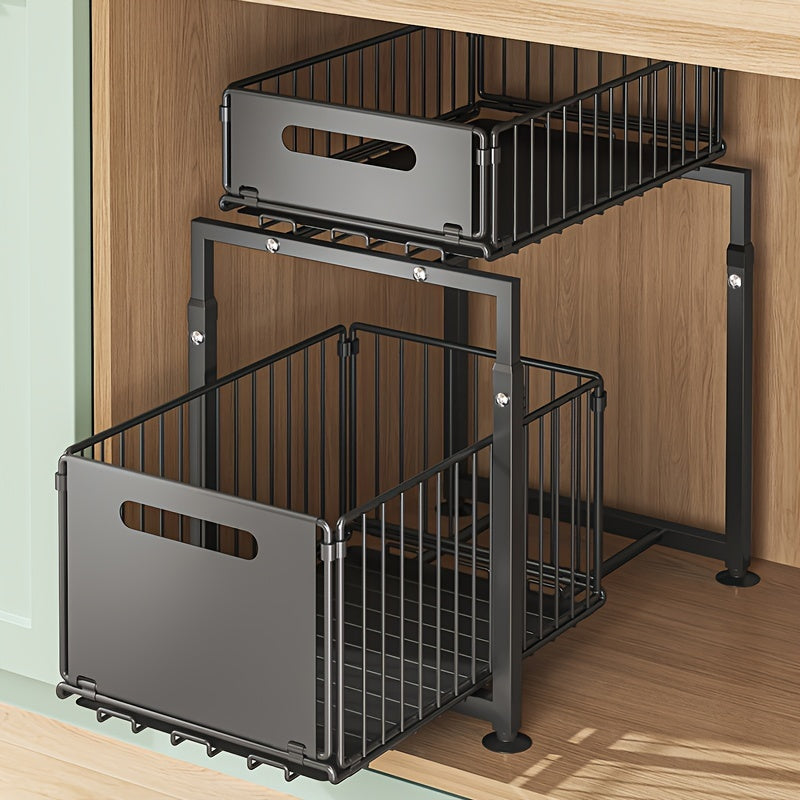 2-Tier Under Sink Storage Cabinet with Pull-Out Metal Drawers - Adjustable Height, Iron Construction, Ample Storage Space for Kitchen & Bathroom Essentials - Black Finish, Easy Assembly, Space-Saving Design