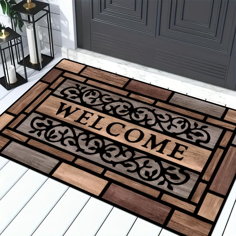 1pc Rustic Welcome Doormat - Durable, Anti-Slip Polyester with PVC Backing, Stylish Brown Pattern for Home Entrance & Decor, Welcome Mat for Front Door