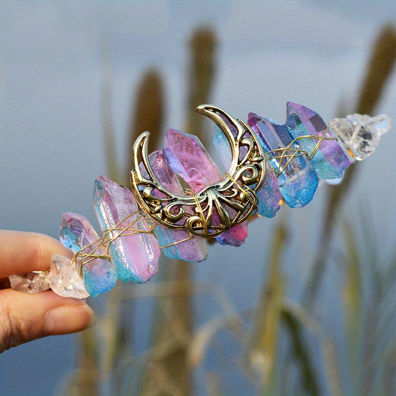 1pc Elegant Natural Crystal Headband - Moon Shaped Hollow Tiara - Chic Hair Jewelry for Special Occasions and Everyday Glamour