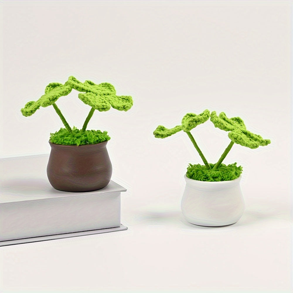 1pc Handmade Artificial Plant Potted, Crocheted Four-leaf Lucky Grass, Unique Knitting Home and Office Desktop Decoration