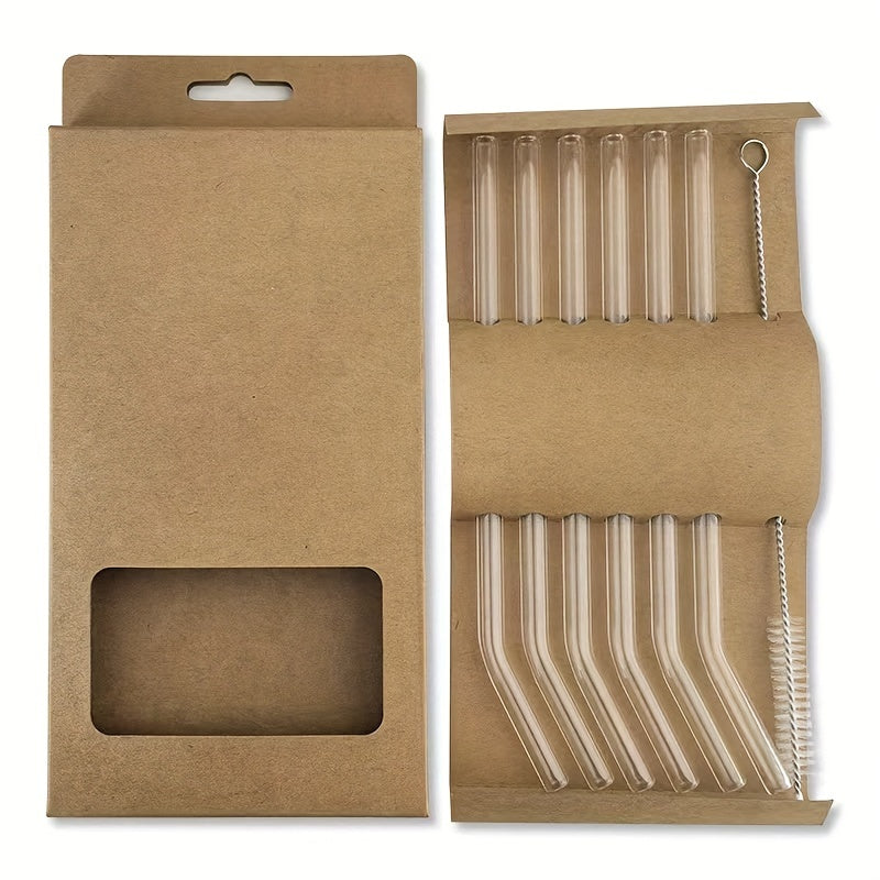 One set of 6 straws + 1 brush. High borosilicate transparent glass straws, heat-resistant, washable and reusable juice straws
