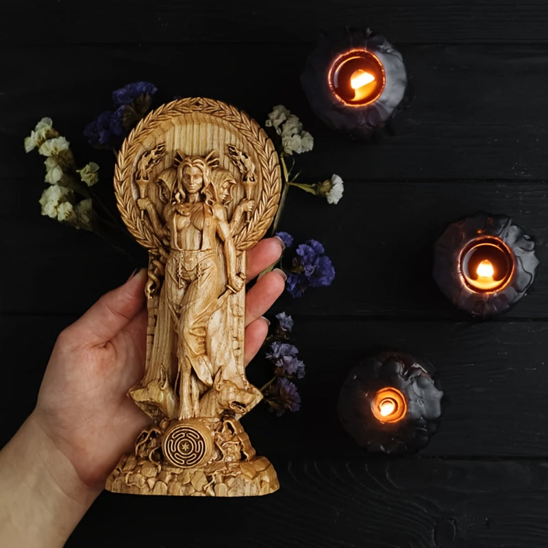 Handcrafted Wooden Hecate Statue for Home Decor – Indoor/Outdoor Pagan Goddess Ornament