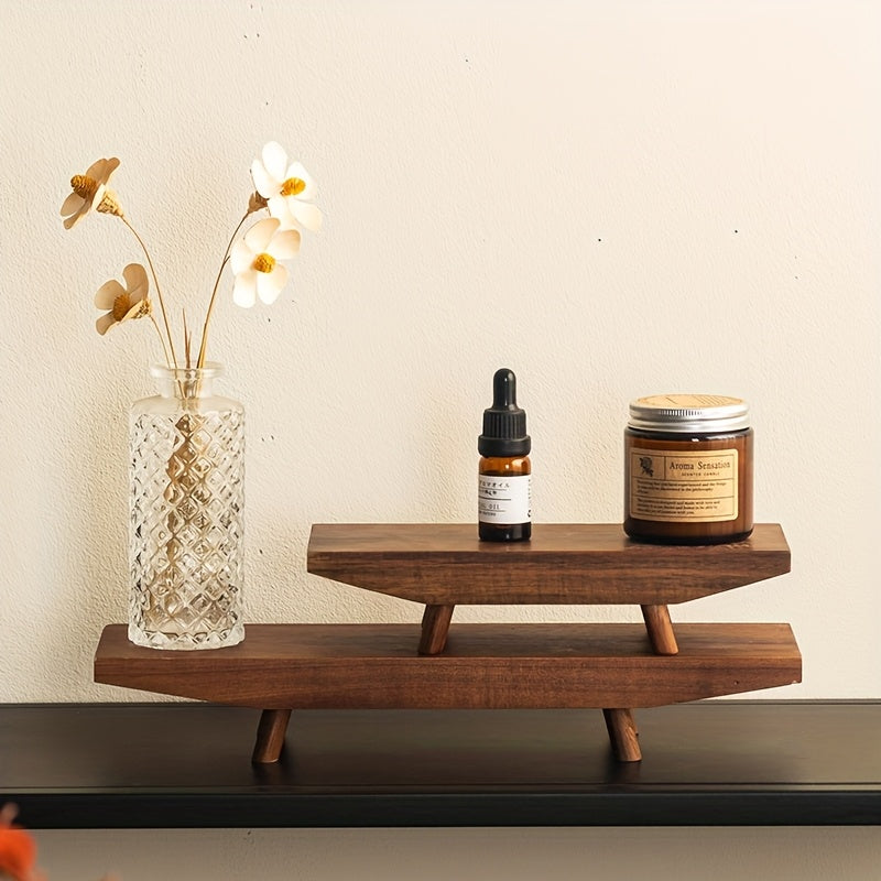 1pc Solid Camphor Wood 2-Tier Decorative Tray
