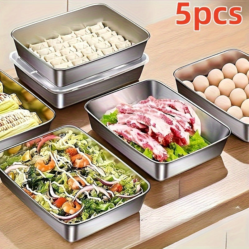 Set Of 5 Stainless Steel Food Storage Containers With Transparent Lids - Large Square Containers, Suitable For Meat, Fruits, And Vegetables - Perfect For Camping, Outdoor, And Home Use, Stackable Kitchen Organizer, Best Choice For Christmas, Perfect Gift
