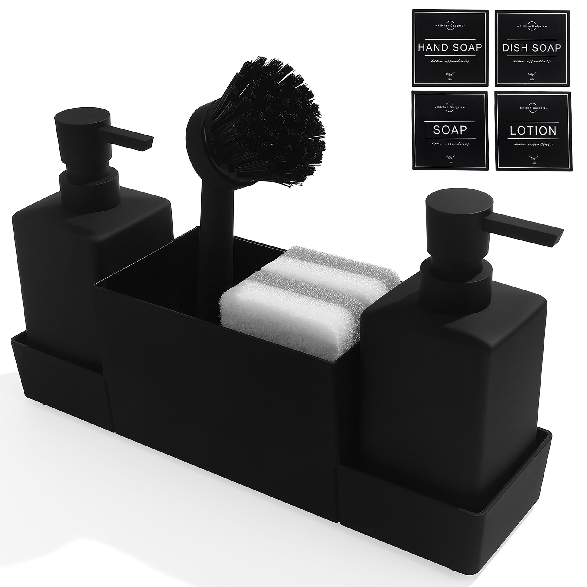 1 Set Black Double Soap Dispenser with Sponge Holder And Dish Brush for Kitchen Sink Countertop, Freestanding Plastic, Phthalate-Free, No Electricity Needed