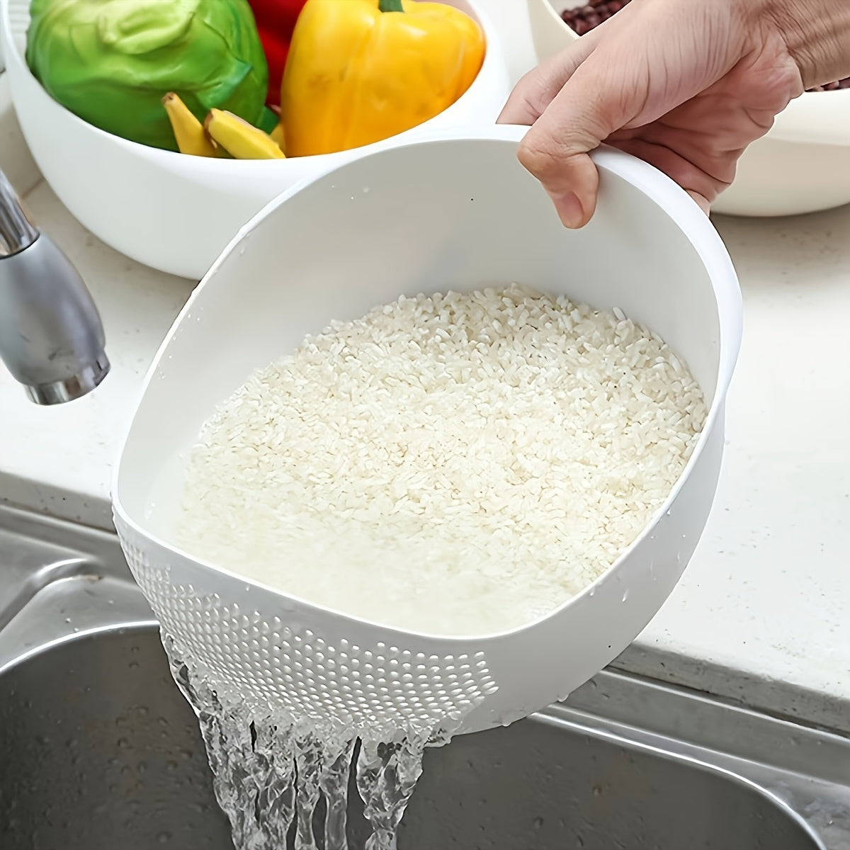 [1pc Plastic Strainer] 1pc Modern Plastic Kitchen Strainer Basket | Multi-Purpose Food Drain Basket for Fruits, Vegetables, Rice & Grains | Durable Perforated Design for Easy Washing & Storage, Perfect for Fresh Produce Like Tomatoes, Peppers & Onions