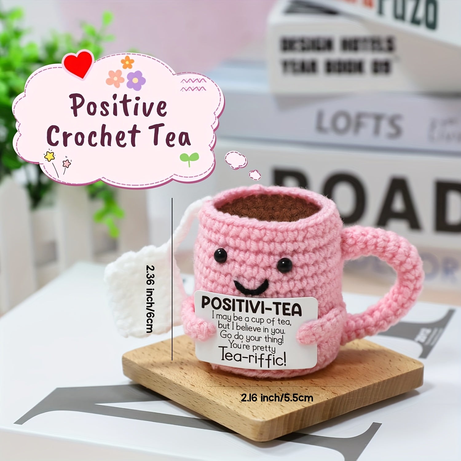 [Positivi-Tea Kit] Positivi-Tea Crochet Kit | DIY Pink Tea Cup with Motivational Card | Handmade Emotional Support Gift for Women, Friends, Teachers, Graduation & Birthday