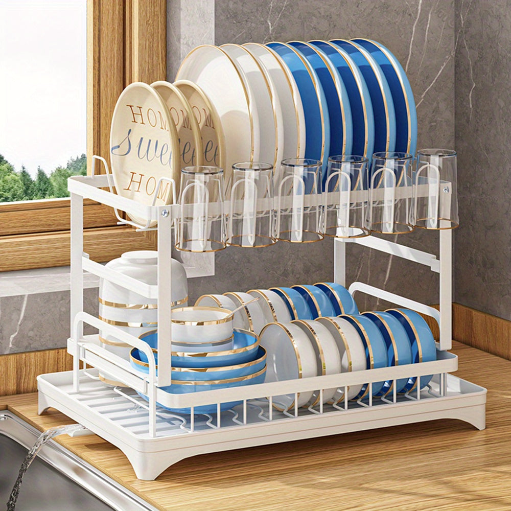 1pc Large Capacity 2-Tier Dish Drying Rack with Drainboard, Double-Layer Bowl & Cup Rack, Detachable Over The Sink Organizer for Kitchen Counter, Black & White - Ideal for Plates, Bowls, Cups & Cutlery Storage, Dish Drying Rack