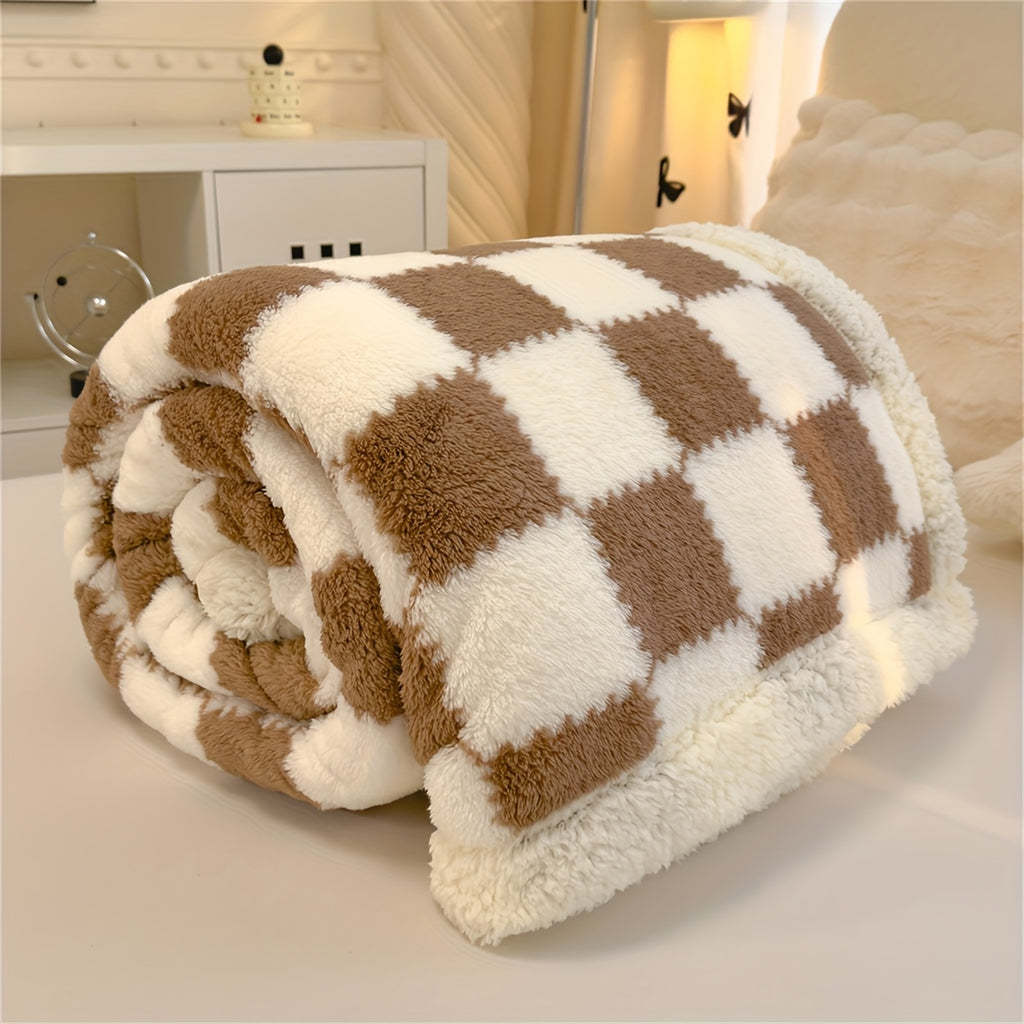 [Cozy Double-Layer Blanket] Cozy & Warm Double-Layer Plush Blanket - Luxurious Black and White Checkered, Soft Polyester Fabric, Machine Washable, All-Season Throw for Bed or Sofa