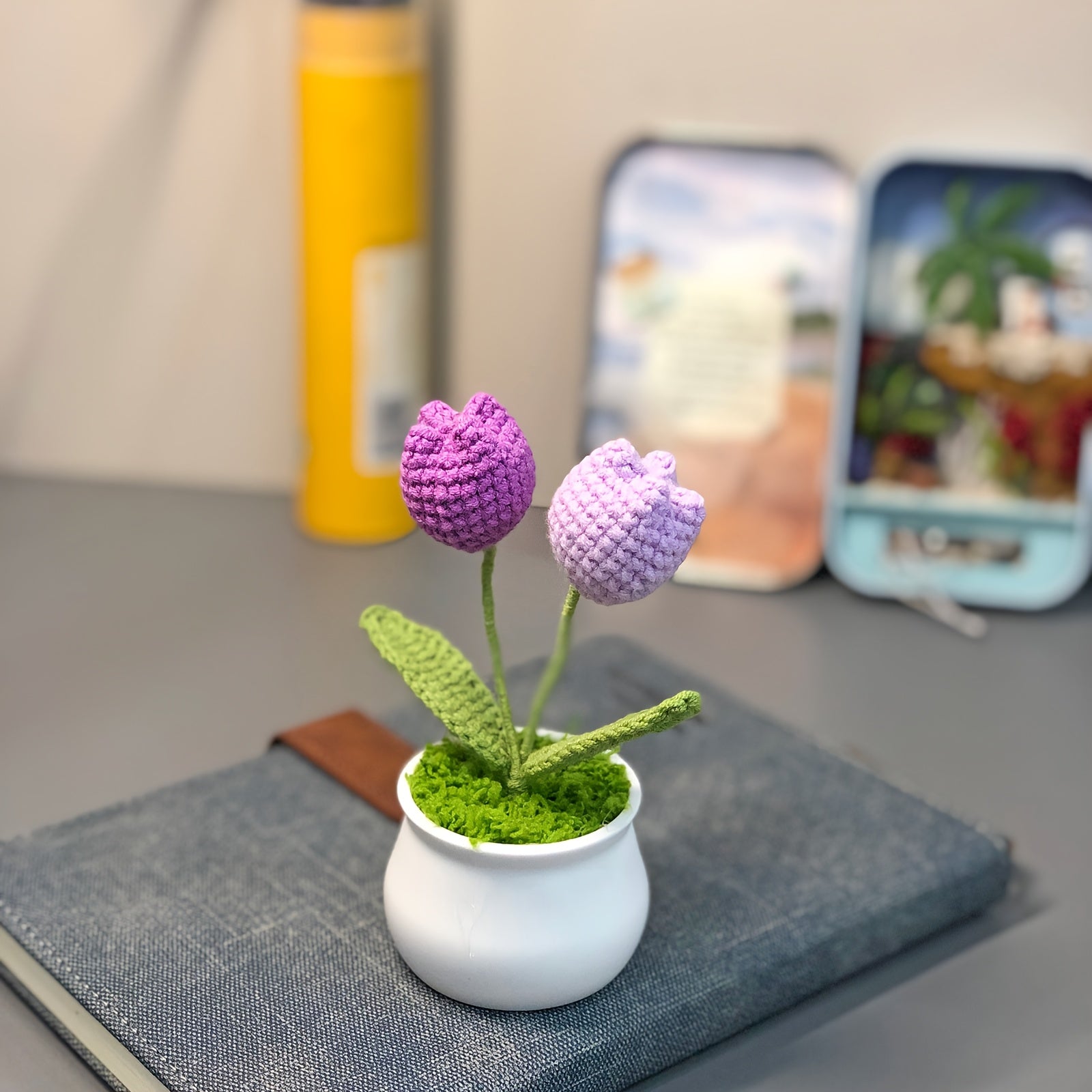 1pc Hand-Knitted Miniature Potted Flower Decor - Vibrant Multicolor Fabric Artificial Floral Arrangement, No Fade No Pill, Cute Table Centerpiece for Home Office Desk, Graduation Party, Festive Gift (No Vase Included)