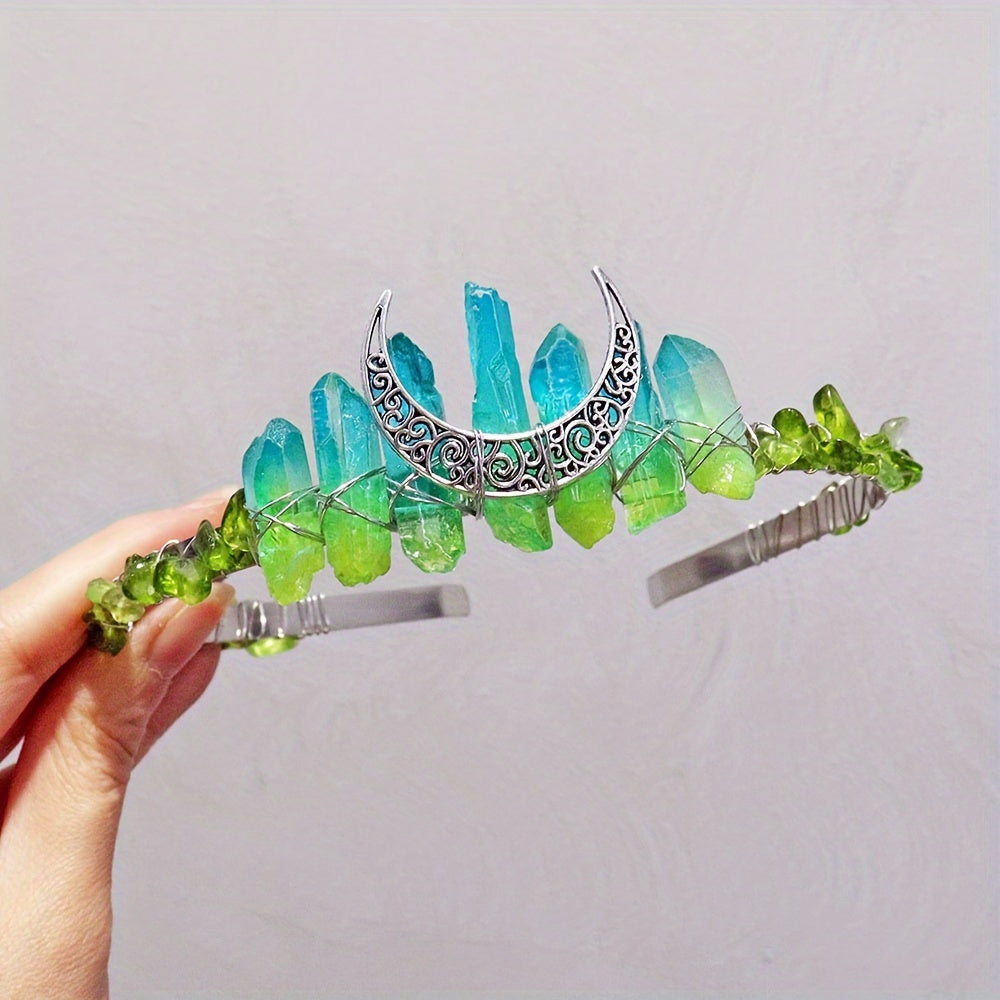 1pc Elegant Natural Crystal Headband - Moon Shaped Hollow Tiara - Chic Hair Jewelry for Special Occasions and Everyday Glamour
