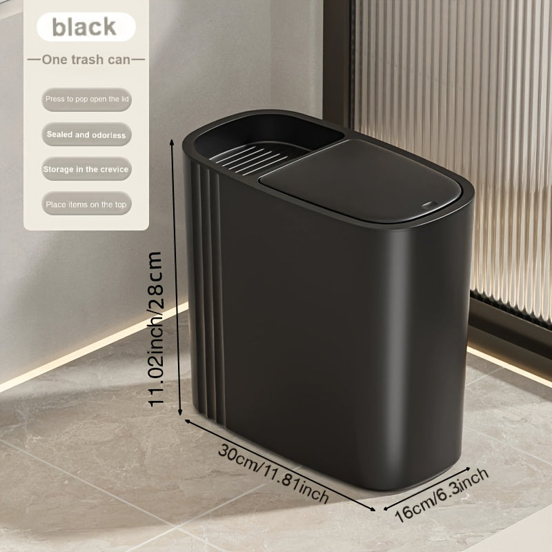 12L Sleek Black Trash Can with One-Click Pop-Up Lid, Odor-Sealing, Oval Plastic Waste Bin for Bathroom & Home - Sleek Design, Durable & Easy to Clean, Bathroom Trash Can