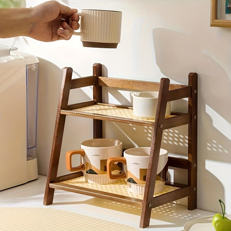 Double layer wooden cup storage rack, 26cm/10 inch artificial rattan mug organizer, suitable for kitchen and living room, compact desktop rack, can hold mugs, cups and small items, durable wooden material, space saving design, vertical rack, Standing Shel