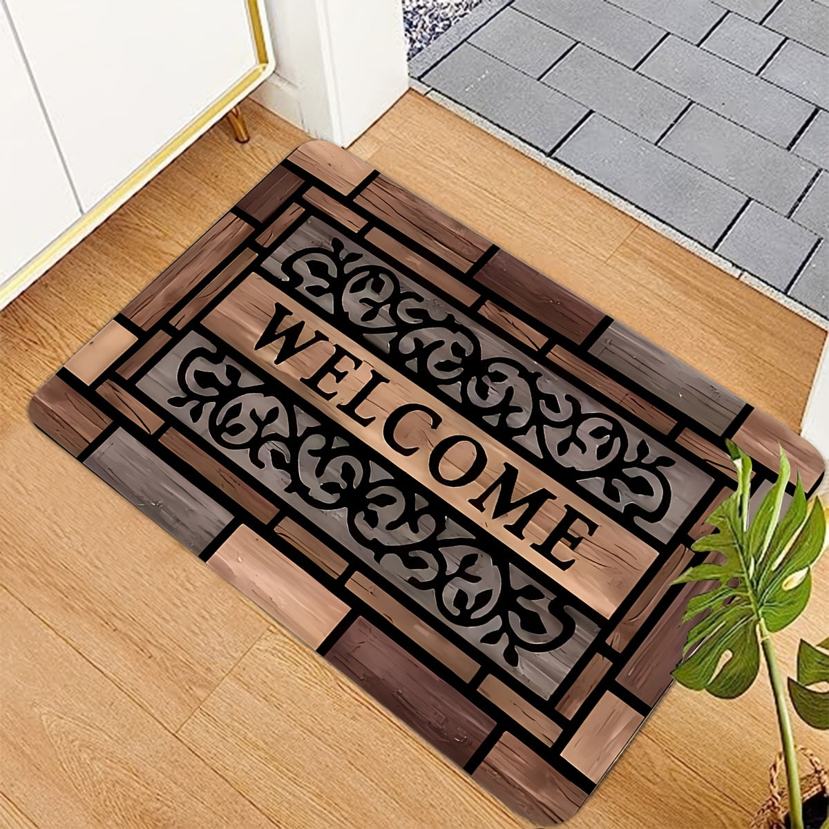 1pc Rustic Welcome Doormat - Durable, Anti-Slip Polyester with PVC Backing, Stylish Brown Pattern for Home Entrance & Decor, Welcome Mat for Front Door