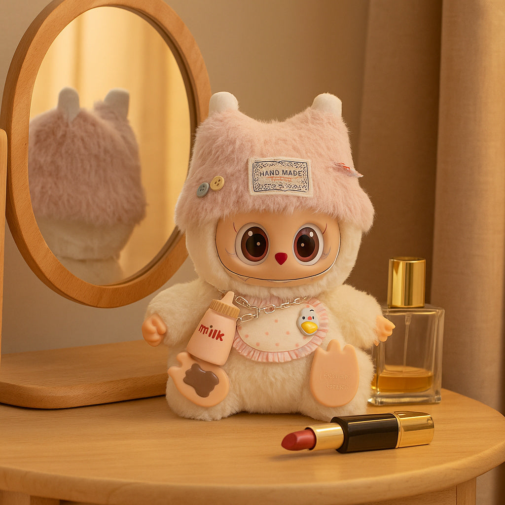 Adorable Outfit Set Suitable for 6.69-inch LabubuDoll, Pink and White Cream Style with Cat Ear Hat + Bib + Bottle Charm Combo (Doll and Shoes Not Included)