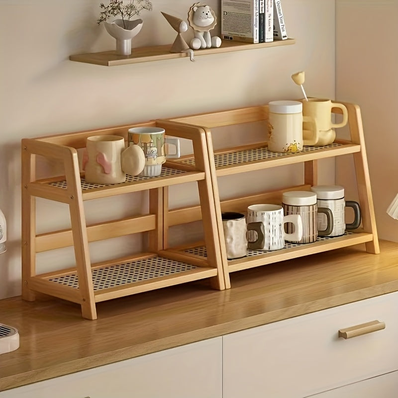 Double layer wooden cup storage rack, 26cm/10 inch artificial rattan mug organizer, suitable for kitchen and living room, compact desktop rack, can hold mugs, cups and small items, durable wooden material, space saving design, vertical rack, Standing Shel